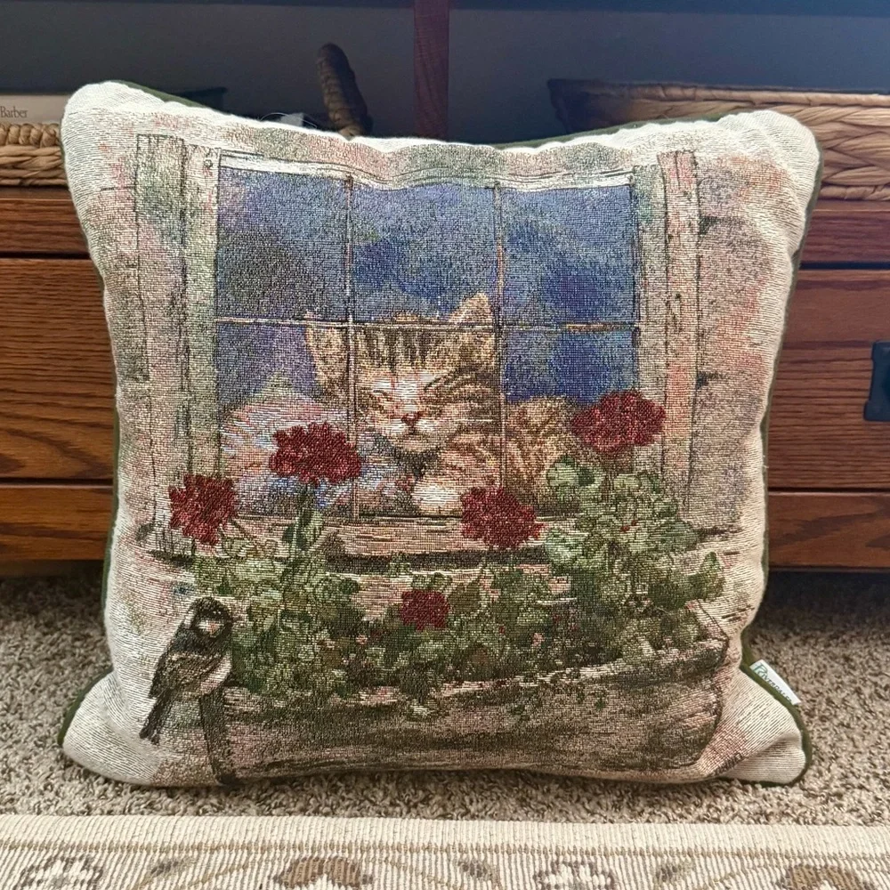 Vintage Tapestry Cat Pillow Embroidered Kitten In A Window Flowers Square Throw